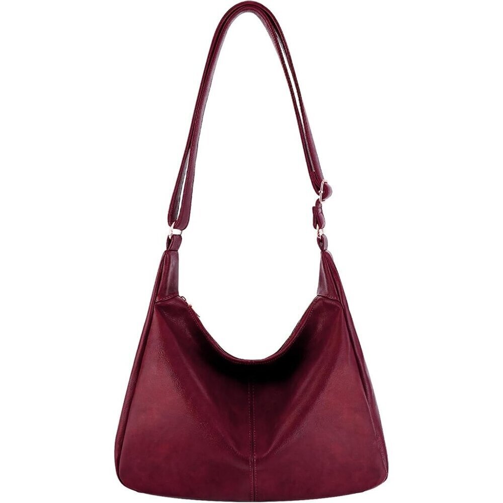 Hobo Wine Red Bags Women Vegan Leather Shoulder Handbag Slouchy Tote with Zipper